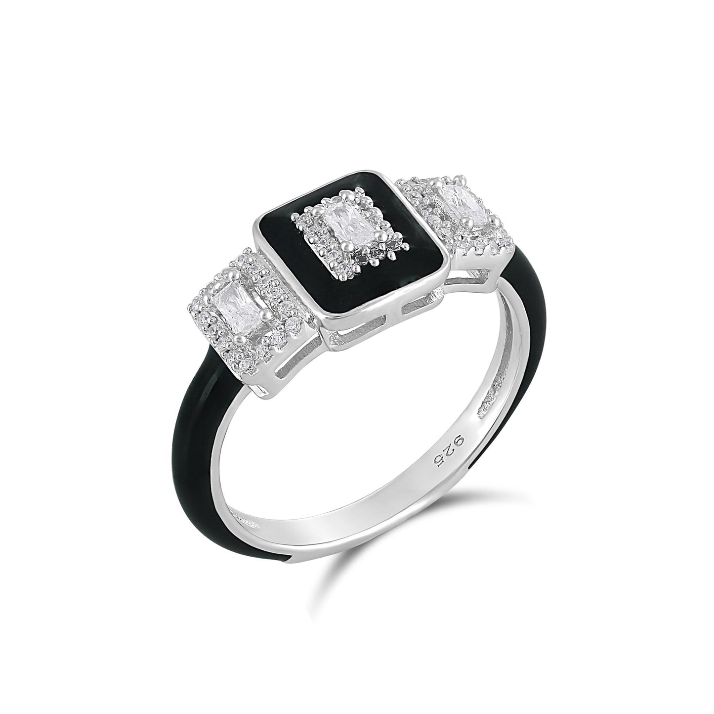 Judy Crowell Jewelry Sterling Silver Black Enamel Cubic Zirconia Three Rectangle Ring, Sizes 6 to 9