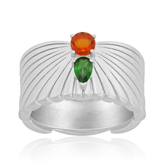 Sterling Silver Diopside Fire Opal Ray Design Ring, Sizes 5 and 6