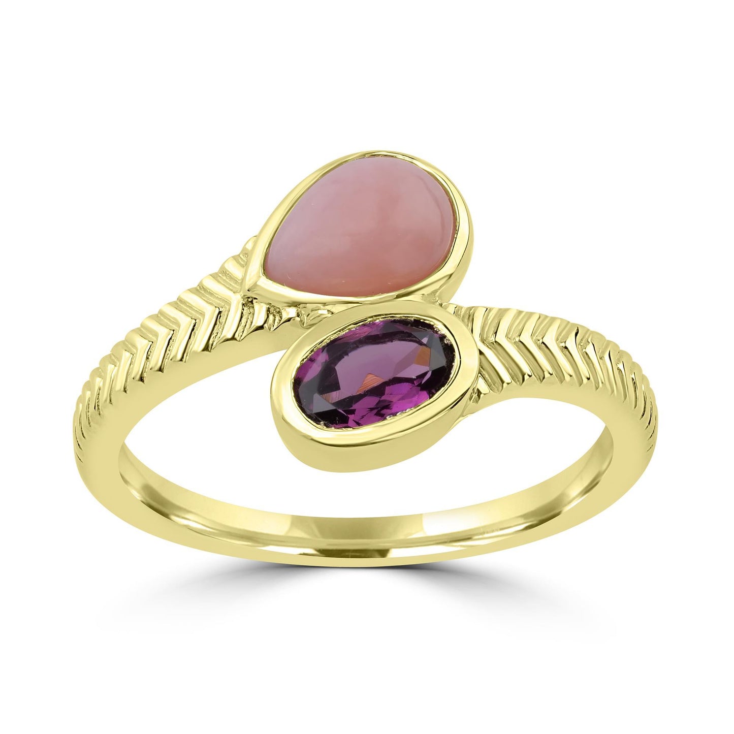 "GG Collection Pear and Oval Shaped Pink, Blue and Charoite Gemstone Bypass Ring in 925 Sterling Silver Gift For Her