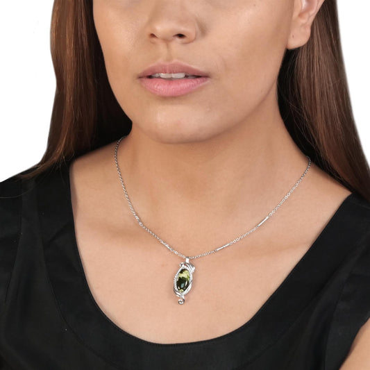 Sterling Silver Elongated Oval Cabochon Chrome Chalcedony Swirl Design Pendant Necklace
