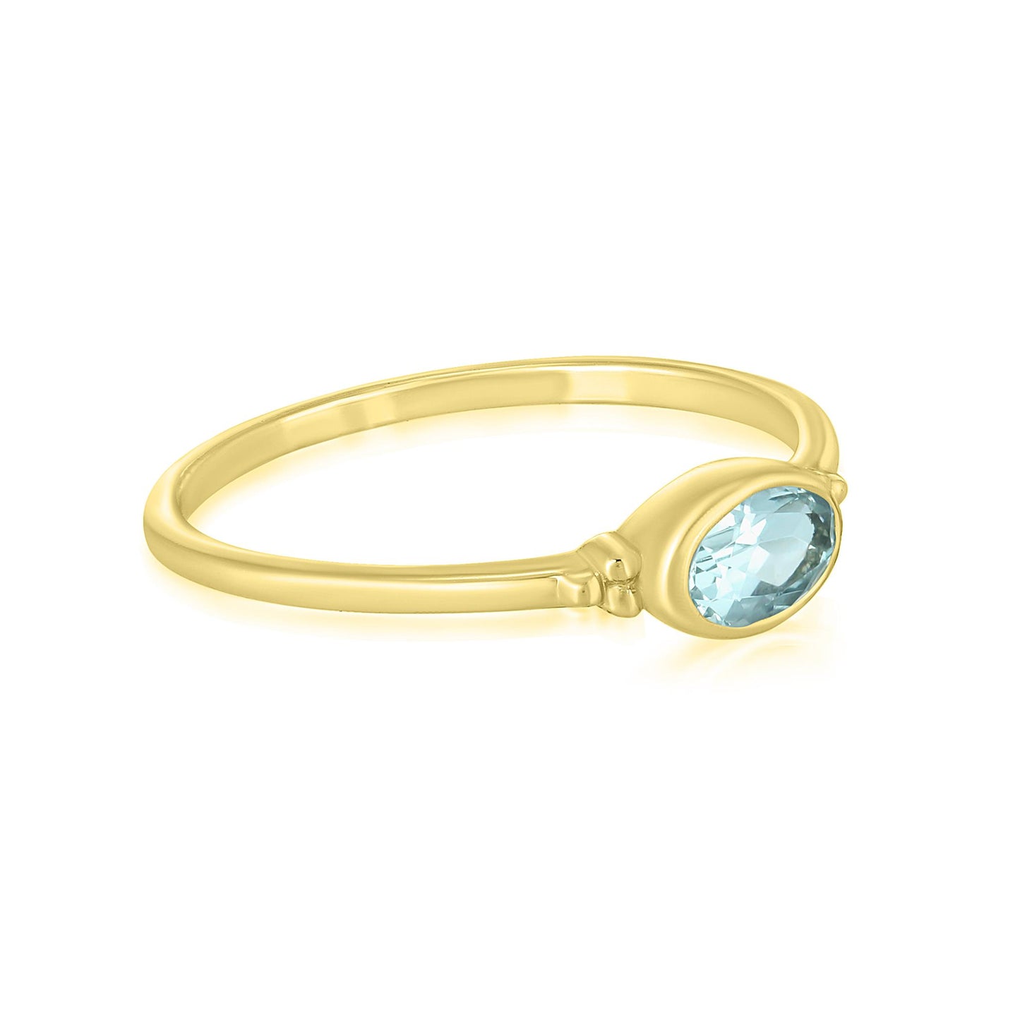 East-West 14K Over Sterling Silver Aquamarine Gemstone Stackable Solitaire Bezel Ring, Sizes 6 to 8