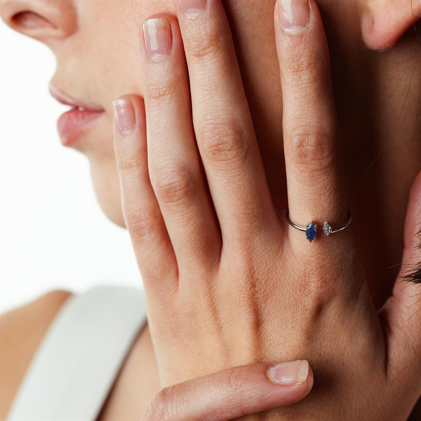 14K White Gold Marquise Sapphire and White Topaz Cuff Ring