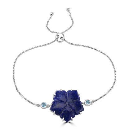 Gemistry GG Collection Lapis and Swiss Blue Topaz Adjustable Flower Bolo Bracelet for Women in Sterling Silver