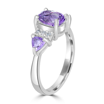 Sterling Silver Amethyst and Cubic Zirconia 3-Stone Ring, Sizes 7 to 9