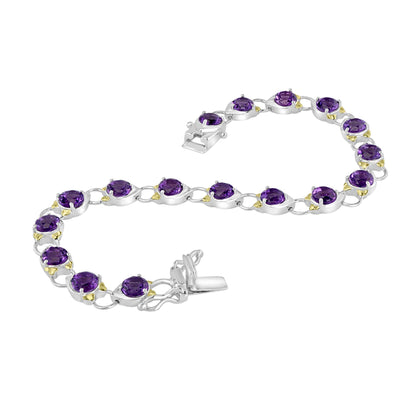 Gemistry Women Sterling Silver Round Shaped Amethyst Leaf Accent Line Bracelet | Birthstone Jewelry Gift for Her Birthday | Wedding | Anniversary