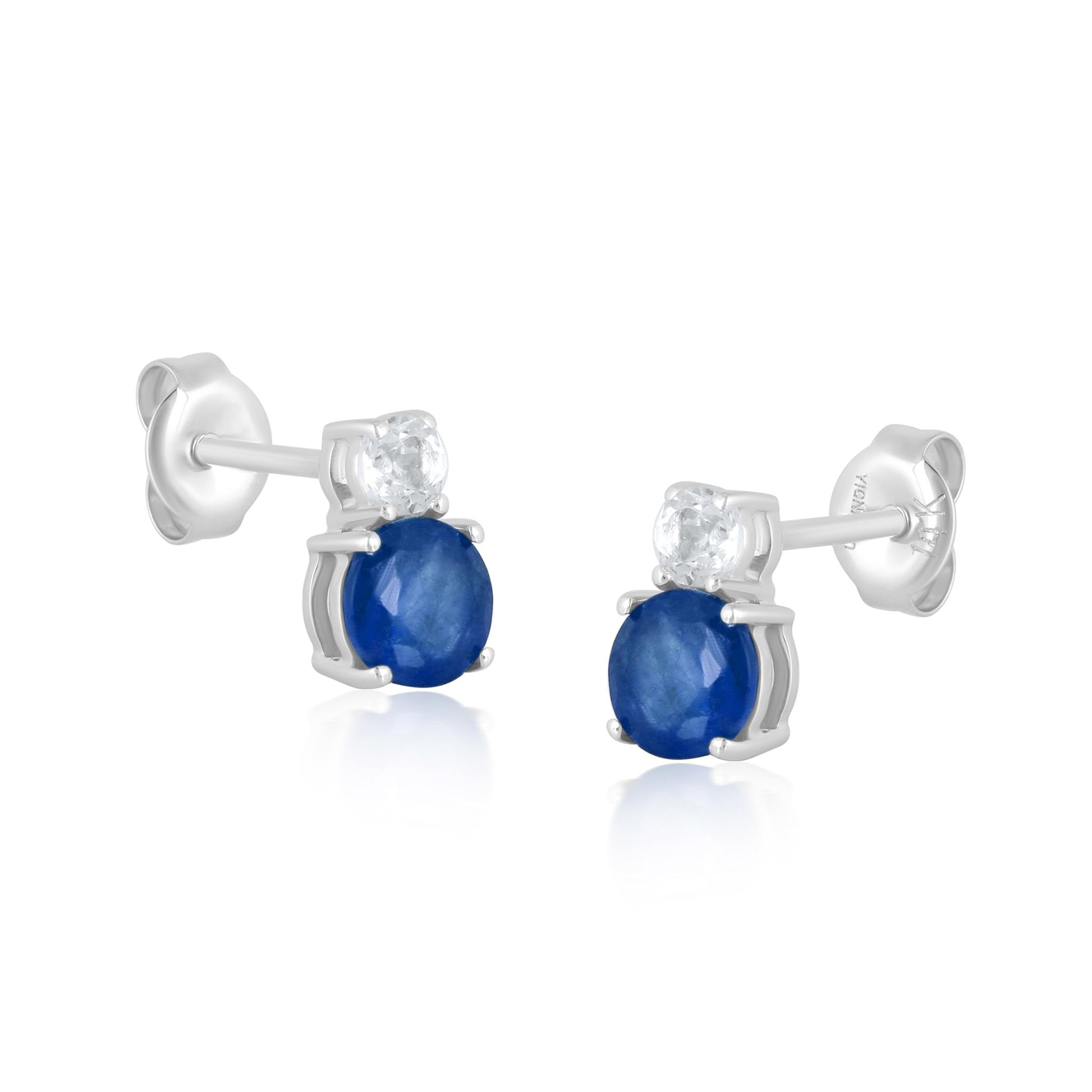 14K White Gold Round Sapphire and White Topaz Stud Earrings