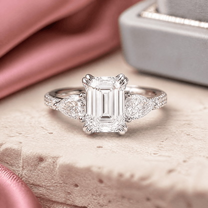 14K White Gold 3.0 CTTW Lab Grown Diamond Emerald Cut Ring, Sizes 5 to 10