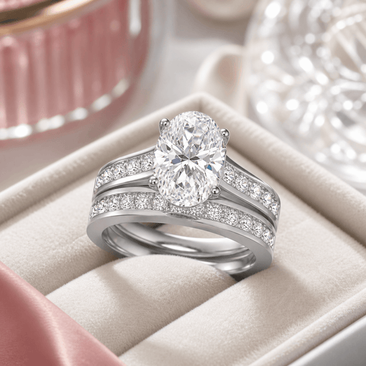 14K White Gold Lab Grown Diamond 2.0 CTTW Oval Cut Center Stone Wedding Set, Sizes 5 to 10