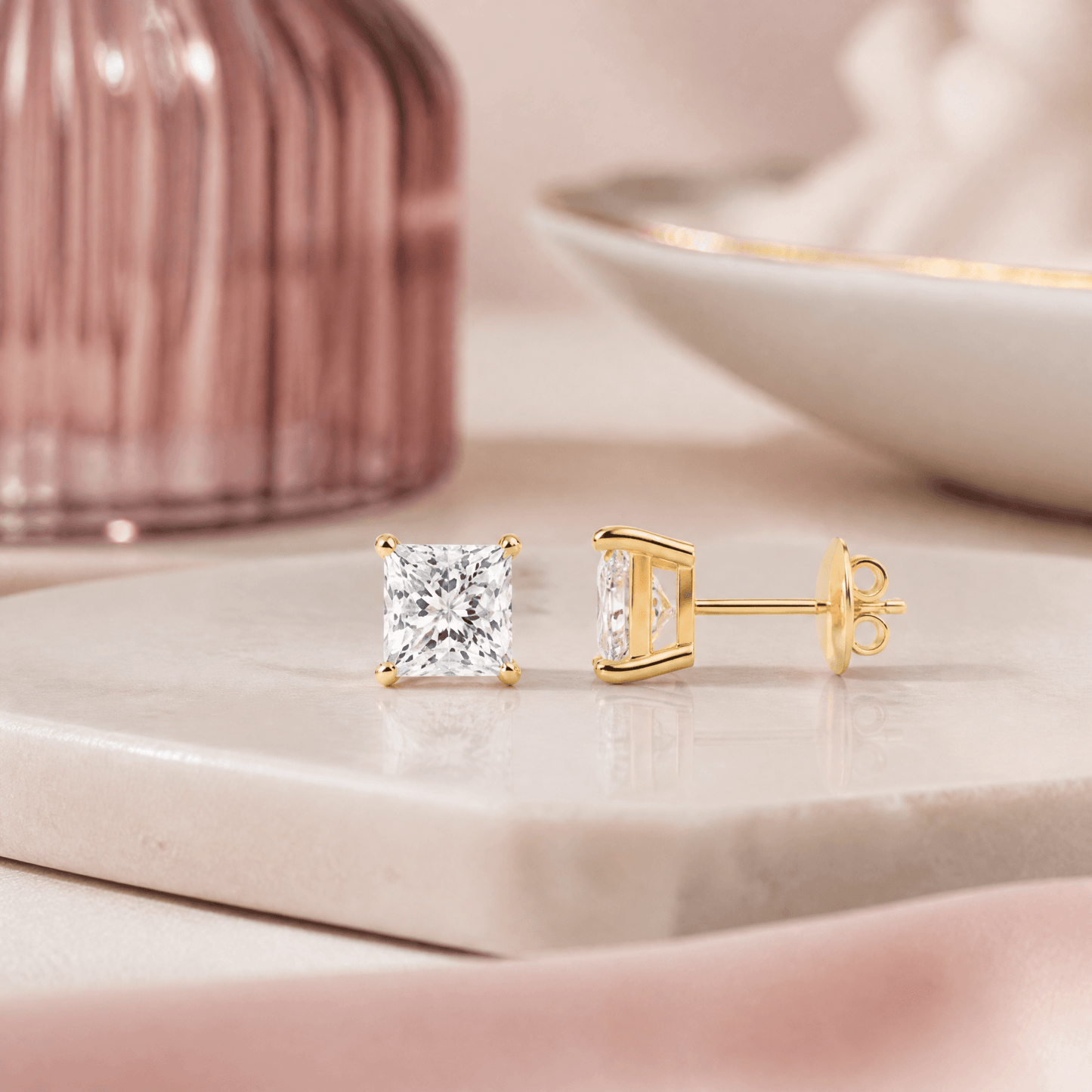 14K Gold 1.0 CTTW Lab Grown Diamond Princess Cut Stud Earrings