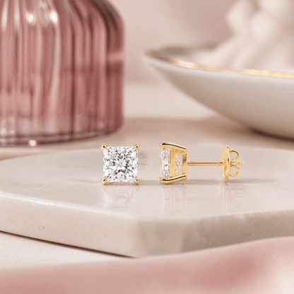 14K Gold 1.0 CTTW Lab Grown Diamond Princess Cut Stud Earrings