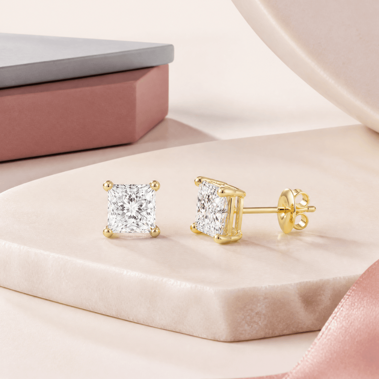14K Gold 5.0 CTTW Lab Grown Diamond Princess Cut Stud Earrings