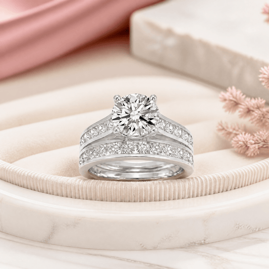 14K White Gold Lab Grown Diamond 2.0 CTTW Round Cut Center Stone Wedding Set, Sizes 5 to 10