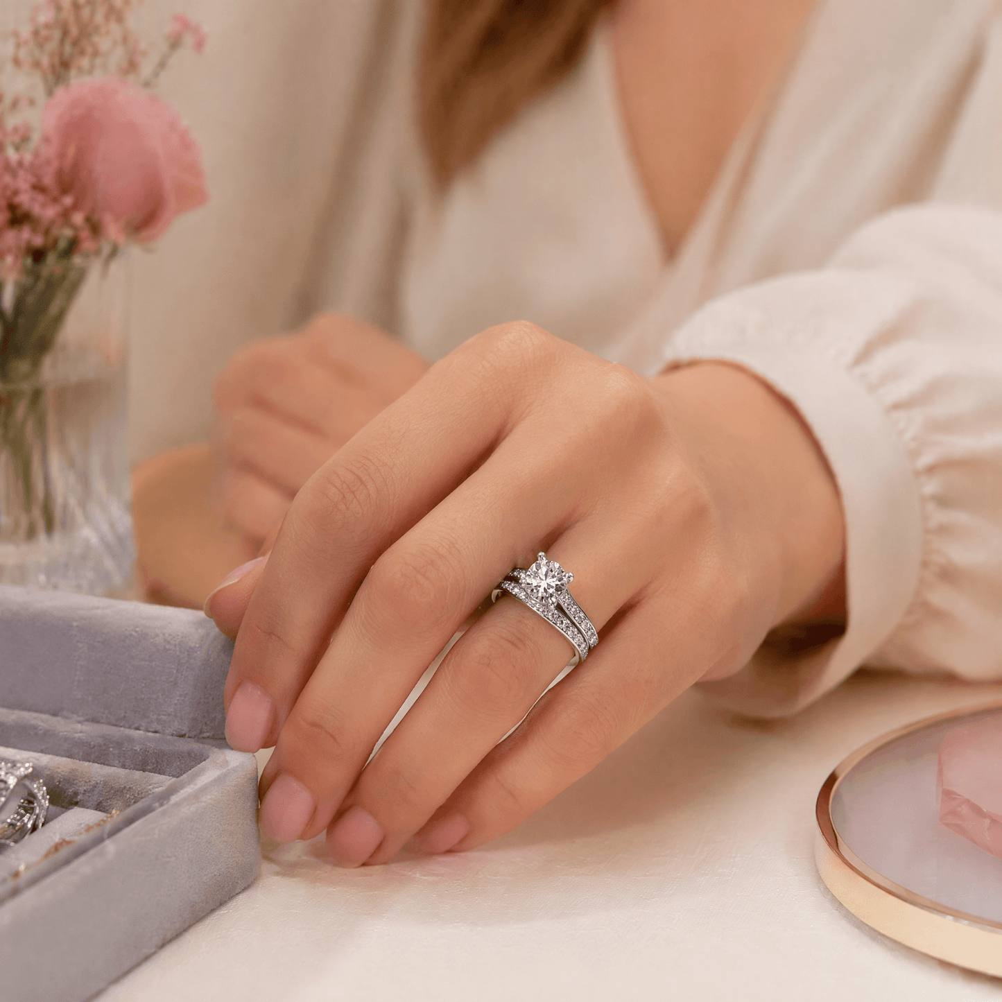 14K White Gold Lab Grown Diamond 2.0 CTTW Round Cut Center Stone Wedding Set, Sizes 5 to 10