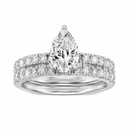 14K White Gold Lab Grown Diamond 2.0 CTTW Pear Cut Center Stone Wedding Set, Sizes 5 to 10