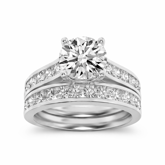 14K White Gold Lab Grown Diamond 2.0 CTTW Round Cut Center Stone Wedding Set, Sizes 5 to 10