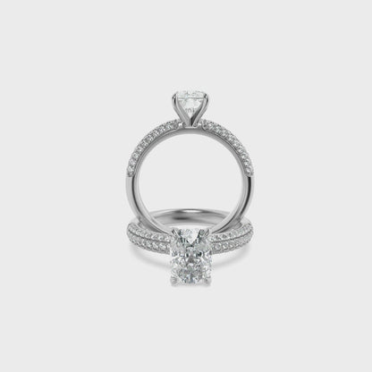 14K White Gold Lab Grown Diamond Cushion Cut Pave Ring, Sizes 5 to 10
